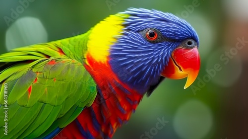 Side view Closeup of beautiful and colorful Lorikeet Green naped bird. © FurkanAli