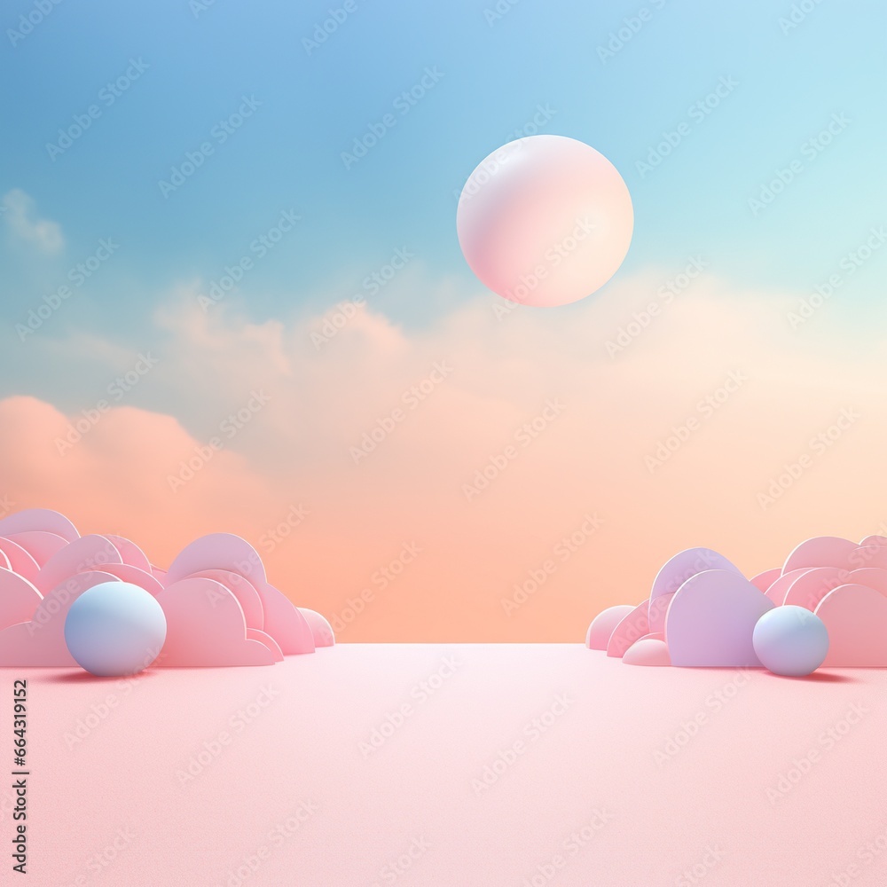 Abstract background of pastel colors, clouds, balls, pink, blue. Podium, stage for displaying objects