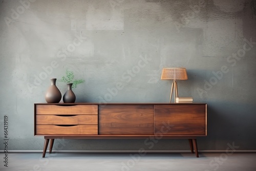 Retro wooden dresser against concrete wall. Vintage home interior design of modern living room.