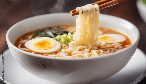 Hot bowl of noodle ramen soup with chopsticks in Japan