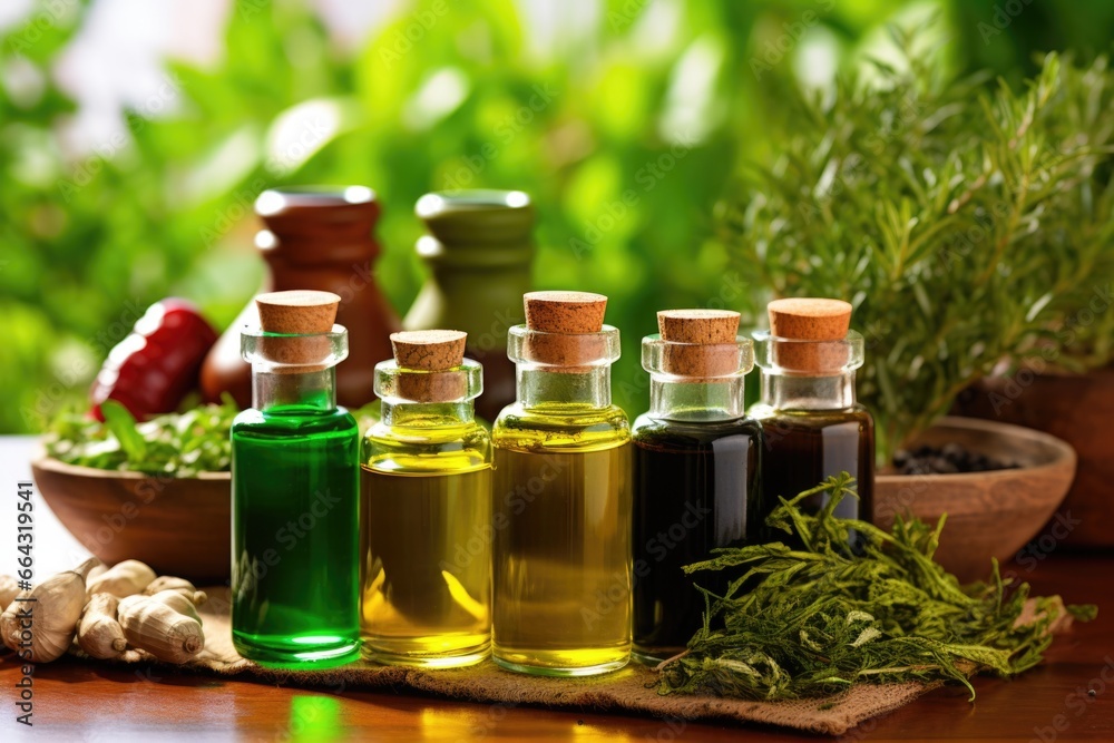 ayurvedic oils in glass bottles with background of greens
