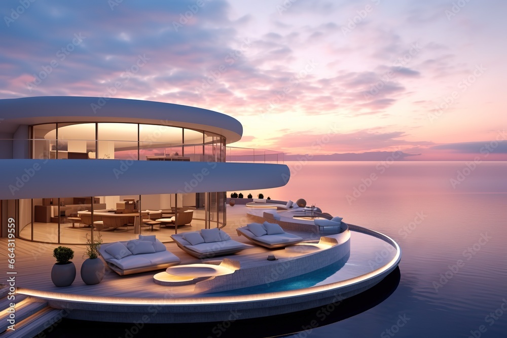 Fototapeta premium Modern minimalist round and curved shaped luxury house. Villa with terrace on sea shore at sunset.