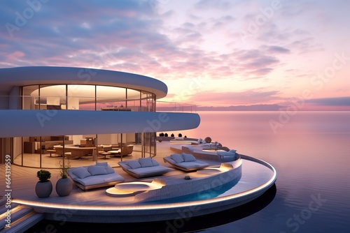 Modern minimalist round and curved shaped luxury house. Villa with terrace on sea shore at sunset. © arhendrix