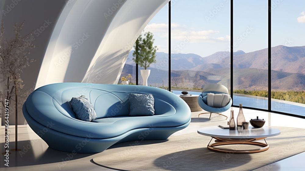 Fototapeta premium A minimalist home interior design of a modern living room includes a luxury blue curved sofa positioned near a window