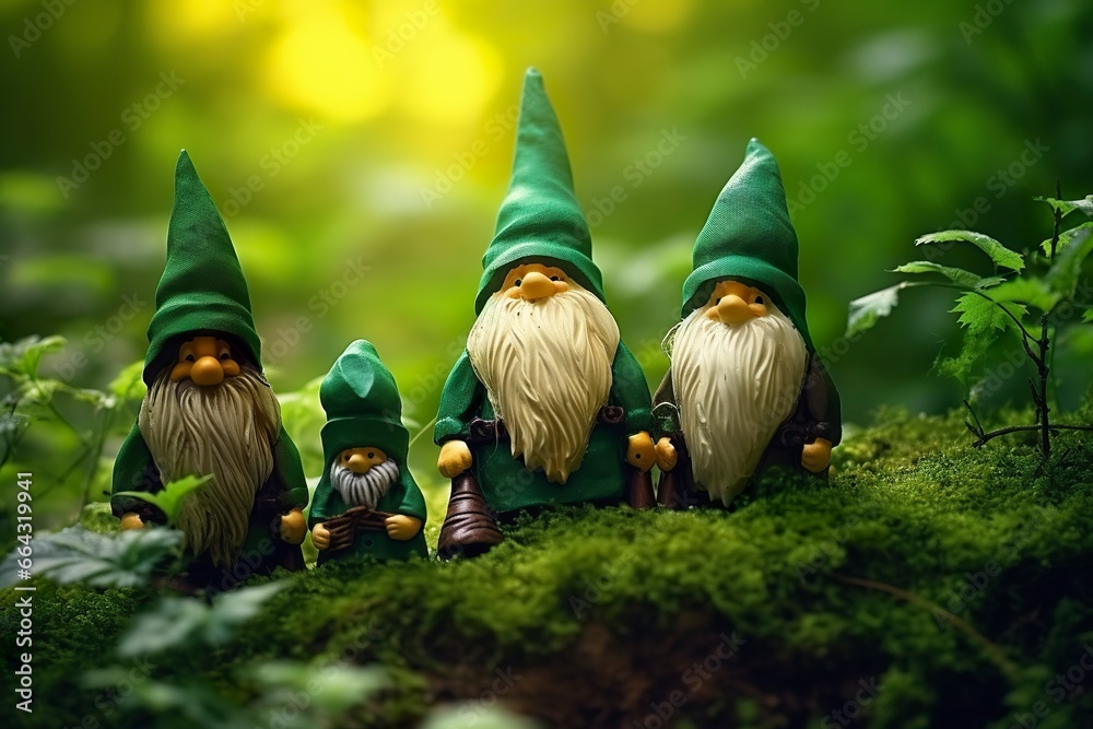 Toy Irish gnomes in a mystery forest, abstract green natural background.