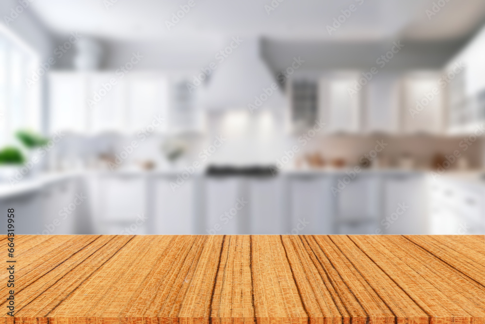 A wooden table for displaying products against a blurred white kitchen background. A wooden table for displaying products against a blurred white kitchen background.