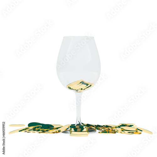 Wine glass with gold coins inside and outside, isolated on a white background. Front view, 3D rendering.