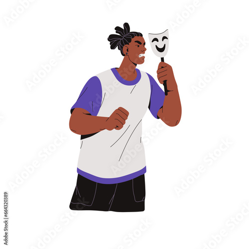Theater artist play role, acting rage. Actor holds happy theatrical mask, cover face, hides angry emotions. Performer, man standing with furious expressions. Flat isolated vector illustration on white