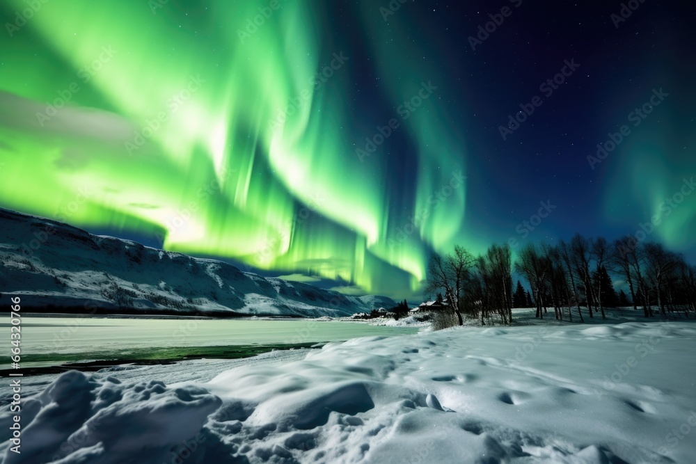 green northern lights over a snow-covered landscape