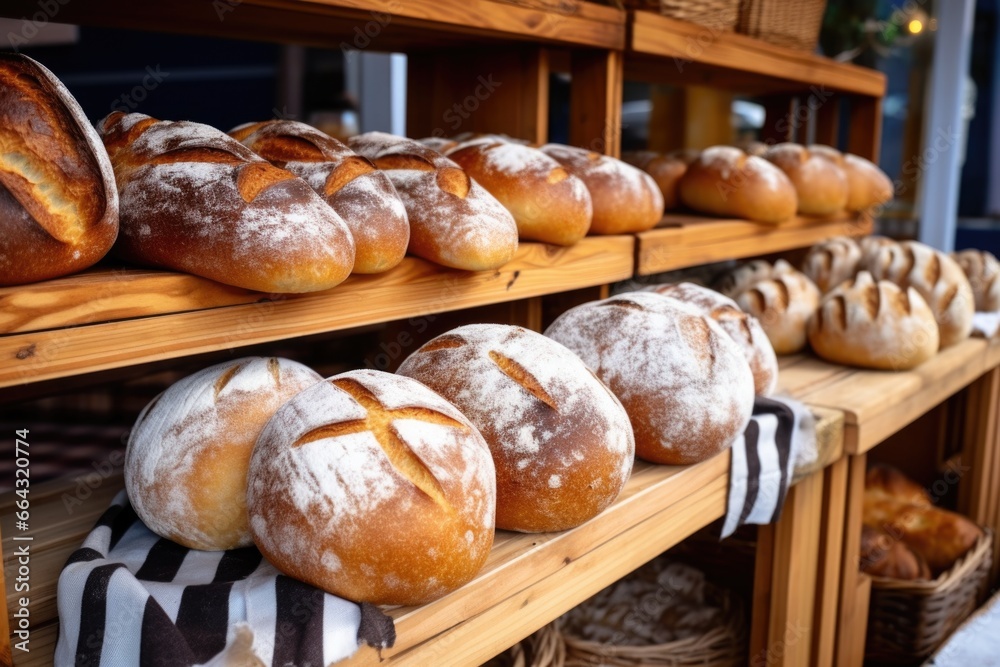 fresh baked bread loaves on wooden shelf at farmers market fresh baked bread loaves on wooden shelf at farmers market