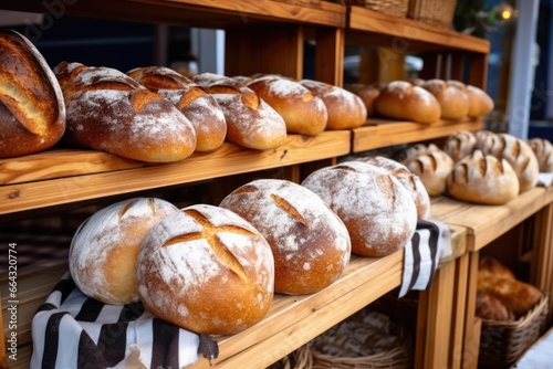 fresh baked bread loaves on wooden shelf at farmers market