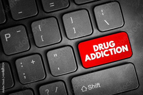 Drug addiction text button on keyboard, concept background