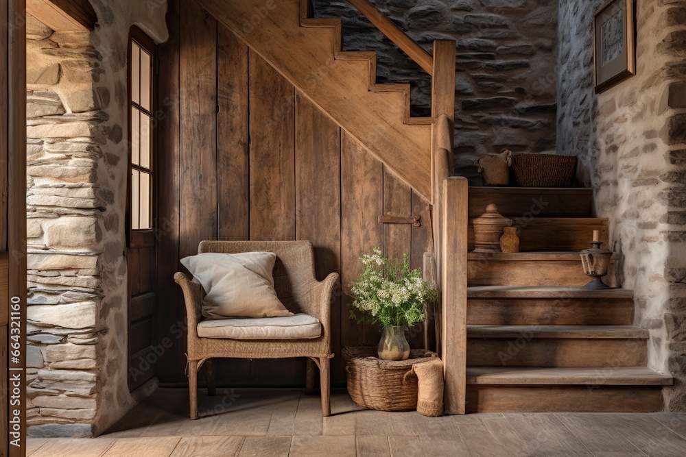 Entryway with rustic staircase. Farmhouse interior design of modern entrance hall with door. Entryway with rustic staircase. Farmhouse interior design of modern entrance hall with door.