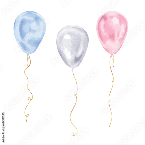 Balloons Vector illustration. Hand drawn graphic clip art of baloon on white isolated background. Watercolor drawing of blue and pink birthday ballon. For the design of greeting cards and invitations