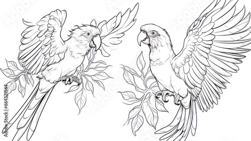 Collection of two macaw or parrots in a coloring book page for kids