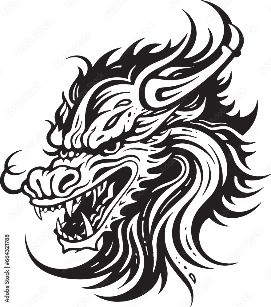 Black line dragon logo on white background.