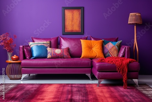 Corner vibrant fabric sofa near purple wall. Interior design of modern living room.