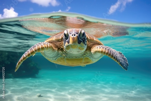 close-up of a sea turtle swimming in clear  clean ocean water