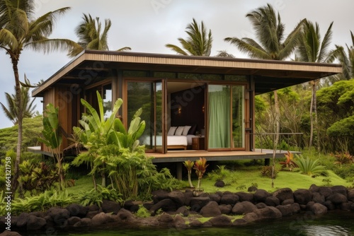 sustainable oceanfront cabin surrounded by greenery
