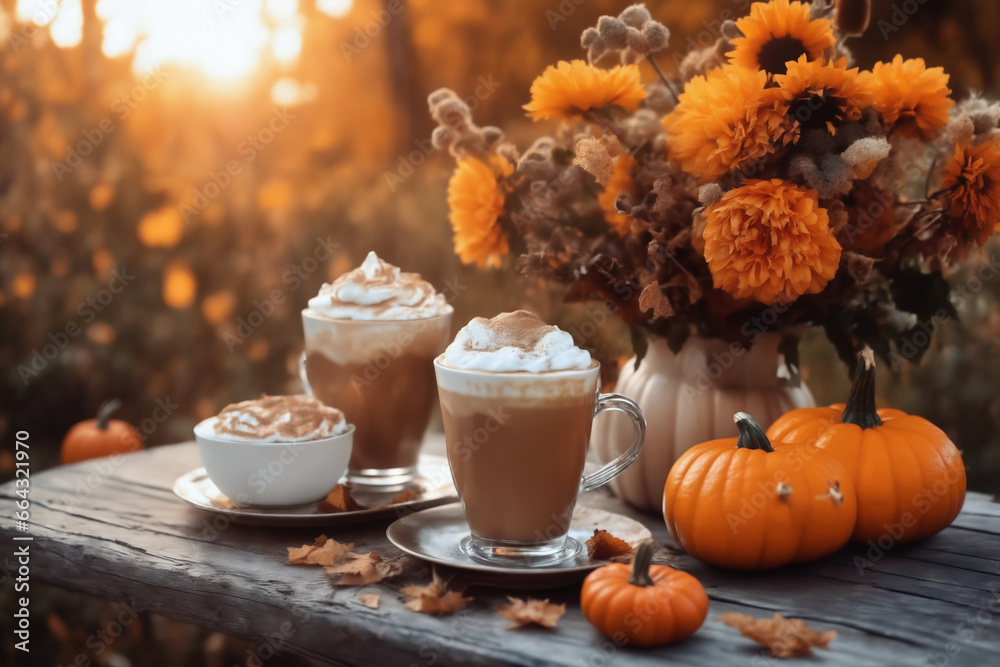 still life of a cup of hot latte and pumpkins on an old wooden table against the background of beautiful autumn nature at sunset, decoration for Halloween