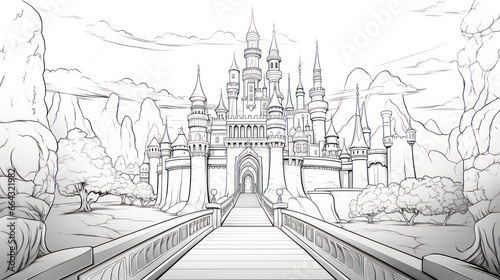 Coloring book page of the great castle for kids and adults