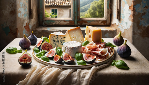various Italian cheeses such as taleggio, ricotta, and parmigiano-reggiano. The setting is enhanced with figs, fresh basil, and prosciutto on a textured tablecloth.