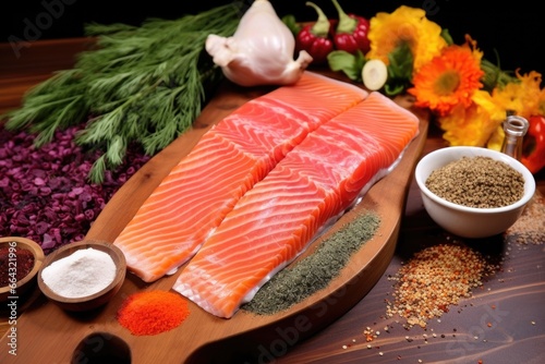 raw salmon fillet next to assortment of colorful spices