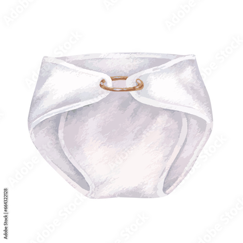 Baby Diaper vector illustration. Hand drawn graphic clip art of nappy on isolated background. Watercolor drawing of white panty with pin. Sketch of gender neutral children's clothing