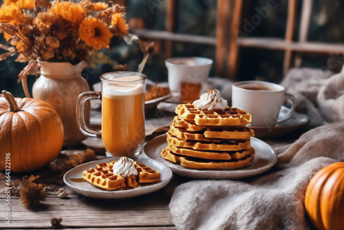 still life of a cup of hot latte and waffers and pumpkins on an old wooden table against the background of beautiful autumn nature at sunset, decoration for Halloween
