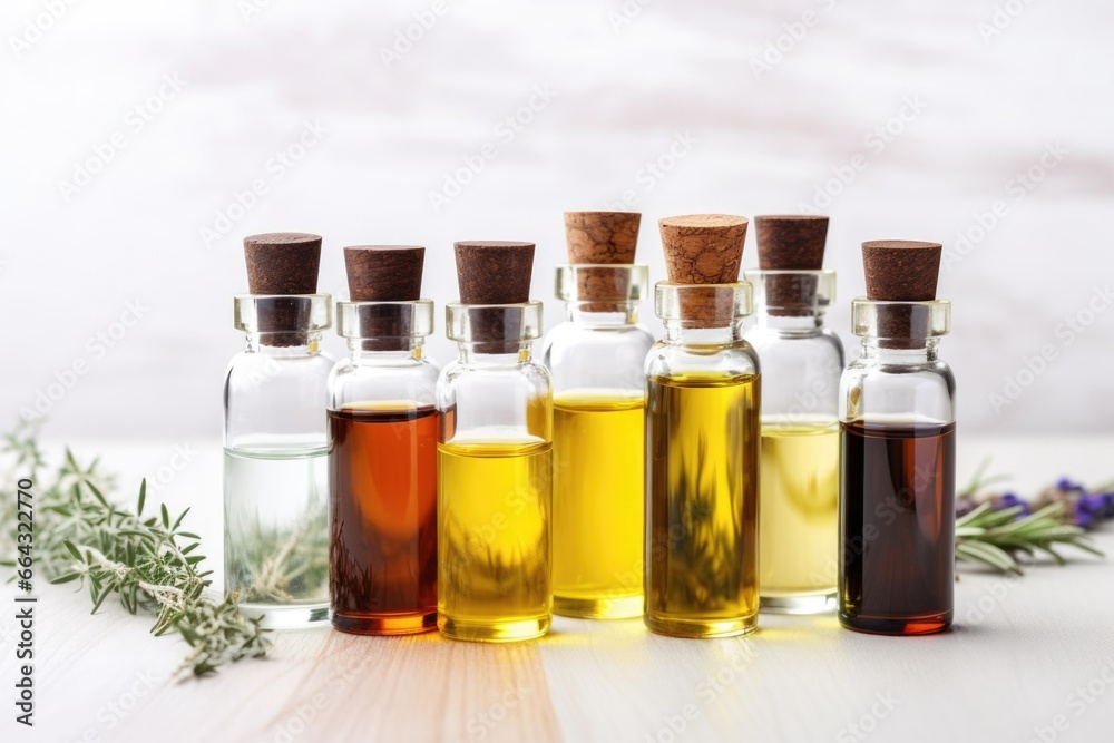 variety of essential oils in clear glass bottles