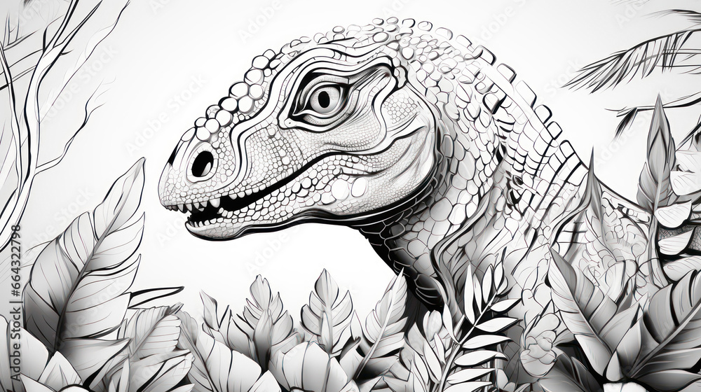 Dinosaur coloring book page in line art hand drawn style for kids and ...