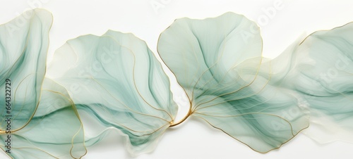 Fototapeta Naklejka Na Ścianę i Meble -  Abstract marbled ink liquid fluid watercolor painting texture banner illustration - Soft mint green petals, blossom flower flowers swirls gold painted lines, isolated on white background