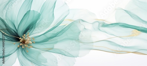 Abstract marbled ink liquid fluid watercolor painting texture banner illustration - Soft mint green petals, blossom flower flowers swirls gold painted lines, isolated on white background photo