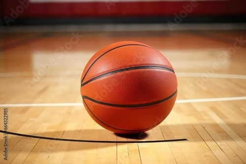 basketball on a hardwood court with hoops © altitudevisual