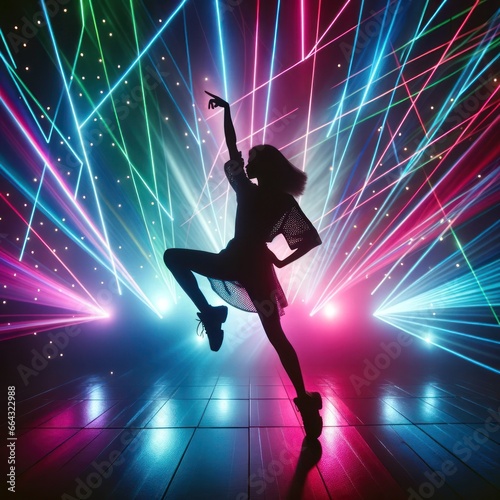 A mesmerizing figure glides across the floor, her vibrant footwear sparkling under the pulsing laser lights as she moves to the rhythm of the music