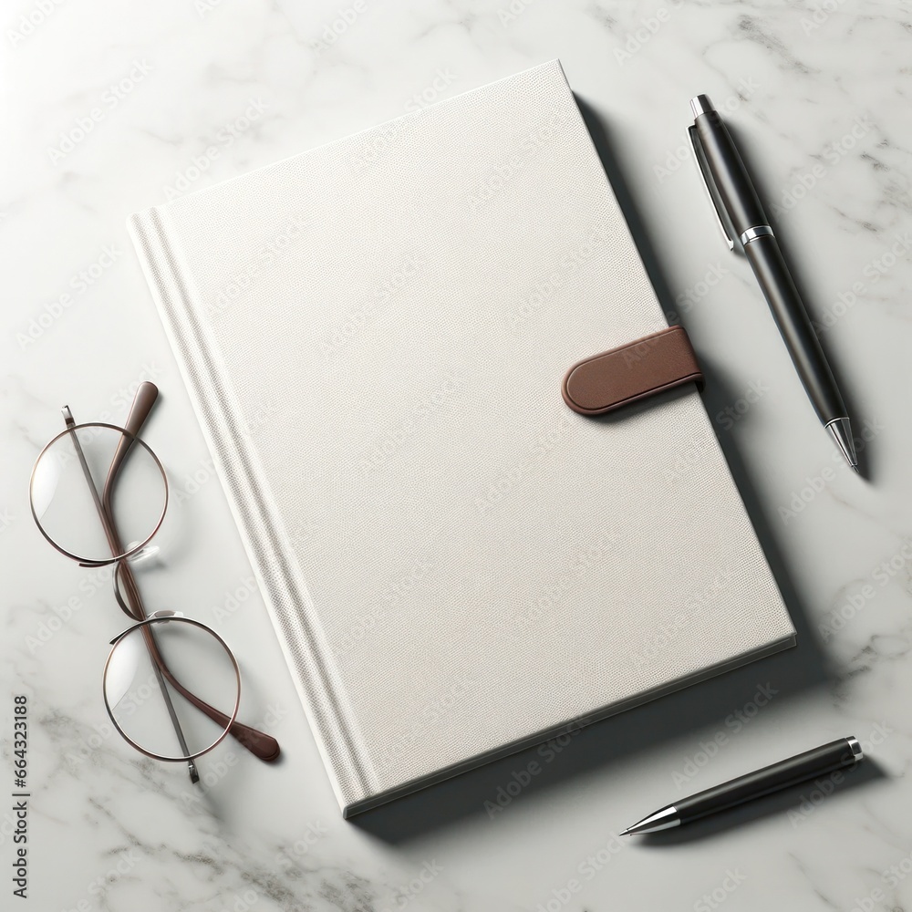 A leather-bound notebook beckons with its promise of untold stories, its crisp pages ready to soak up the ink of a wild imagination, while the nearby pen and glasses hint at the adventures and secret A leather-bound notebook beckons with its promise of untold stories, its crisp pages ready to soak up the ink of a wild imagination, while the nearby pen and glasses hint at the adventures and secret