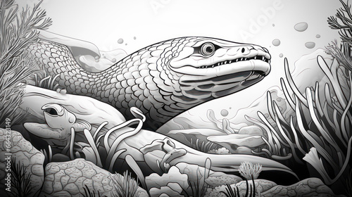 Moray eel or sea monster coloring book page at underwater scene in line art hand drawn style for kids © LightoLife