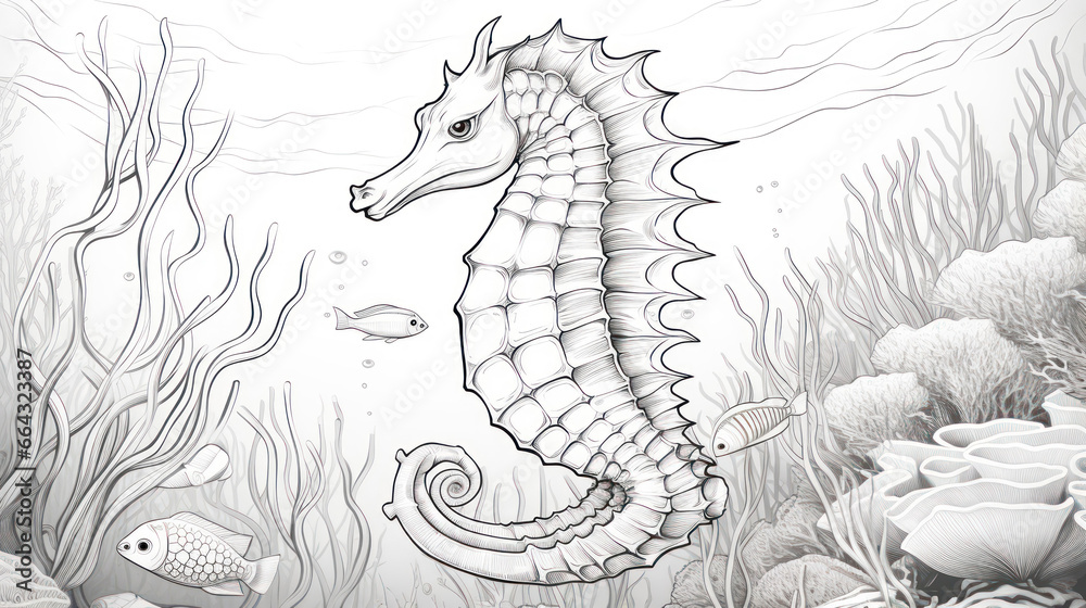 Adult coloring book page of seahorse at underwater scene in line art hand drawn style - obrazy, fototapety, plakaty 