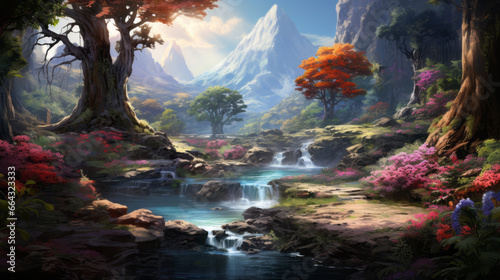 Fantasy landscapes wallpaper in stunning 32K UHD resolution, offering multilayered realism and the beauty of traditional oil paintings, perfect for mountainous scenes. photo