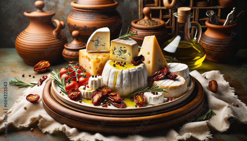 a plate filled with Italian cheeses like asiago, fontina, and burrata