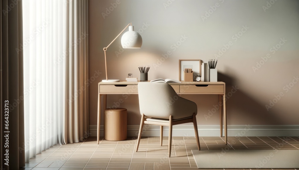 Fototapeta premium In the warm glow of a lamp, a solitary desk stands against the wall, its drawers filled with secrets and its mirror reflecting the cluttered room, while a sleek chair beckons for someone to sit and c