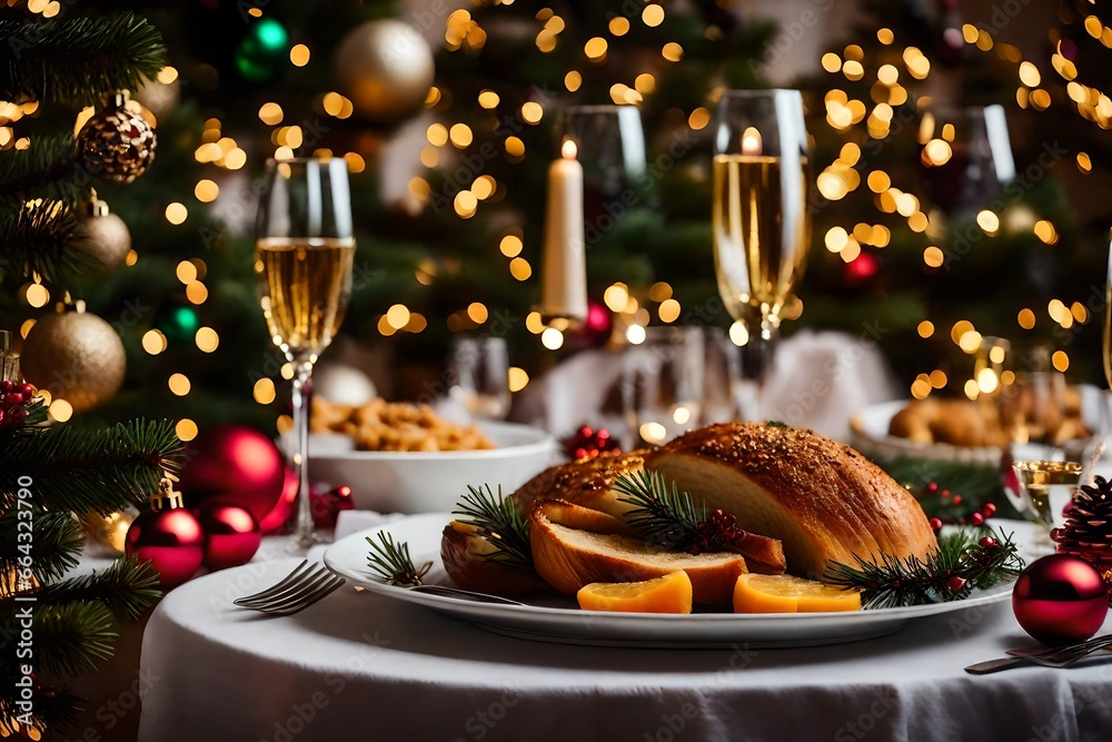 Obraz premium christmas dinner table setting with champagne.