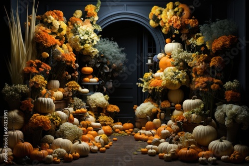 Halloween concept decoration - home entrance with halloween pumpkin decorations and autumn flowers. Modern house decor, halloween and thanksgiving holiday