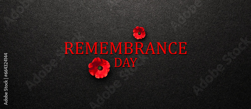 Remembrance Day inscription with Poppy flower on black textured background. Decorative flower for Remembrance Day. Memorial Day. Veterans day.