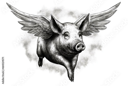 Illustration of a pig flying in black and white ink. Generative AI © Koa