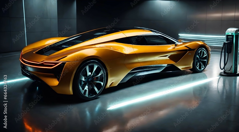 Electric super car at charging station concept, sport car background, green energy vehicle banner 