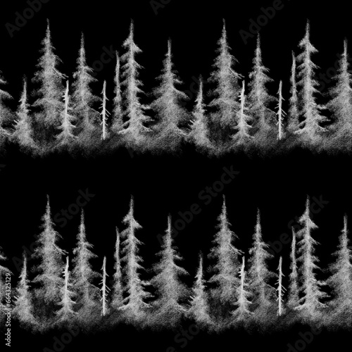 Misty spruce forest  hand-drawn. Mystical atmospheric landscape. Black and white seamless illustration. Interior design  photo wallpapers  covers  screensavers  book illustrations.