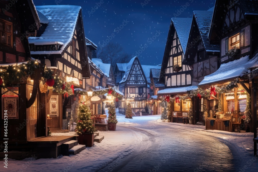 Beautiful snowy town at night decorated for Christmas. Beautiful snowy town at night decorated for Christmas.