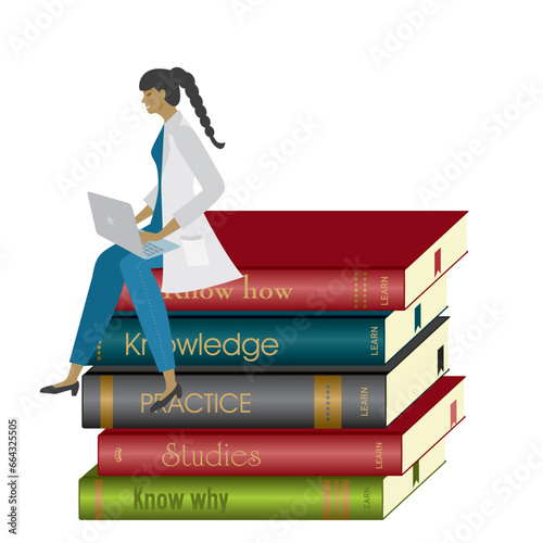 Woman, doctor, nurse, healthcare people or scientist. She is sitting with a laptop on a pile of books. Isolated. Vector illustration.