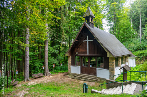 Chapel of St. Marry Celenska  Czech Republic. Small wooden chapel in forest  religion place